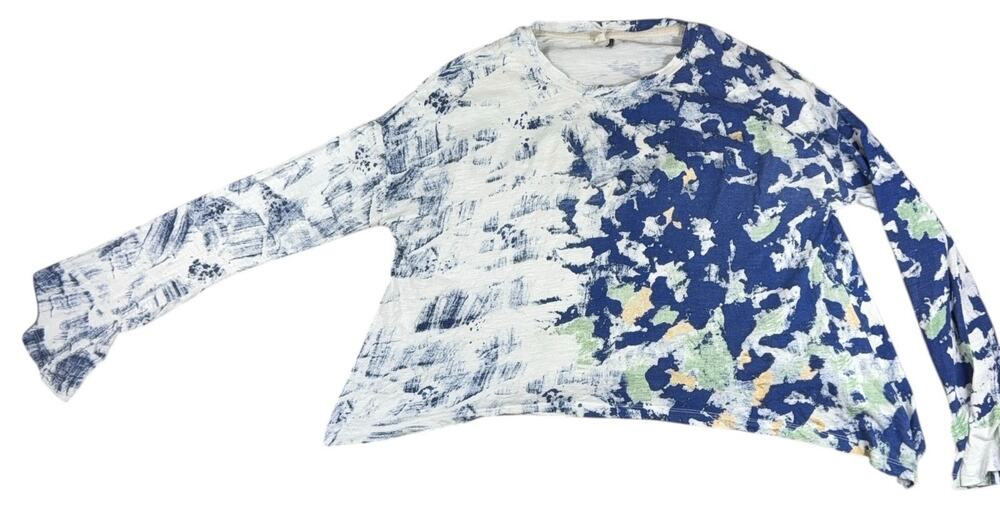 Anthropologie Womens Abstract Print Asymmetrical Long Sleeve Top Blue White Arts